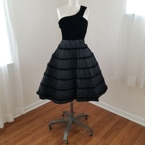 Darling one-shoulder 50s black corded prom dress
